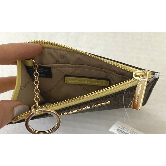 New Michael Kors Jet Set Travel small TZ coin pouch ID window Brown / Buttercup - Picture 2 of 4
